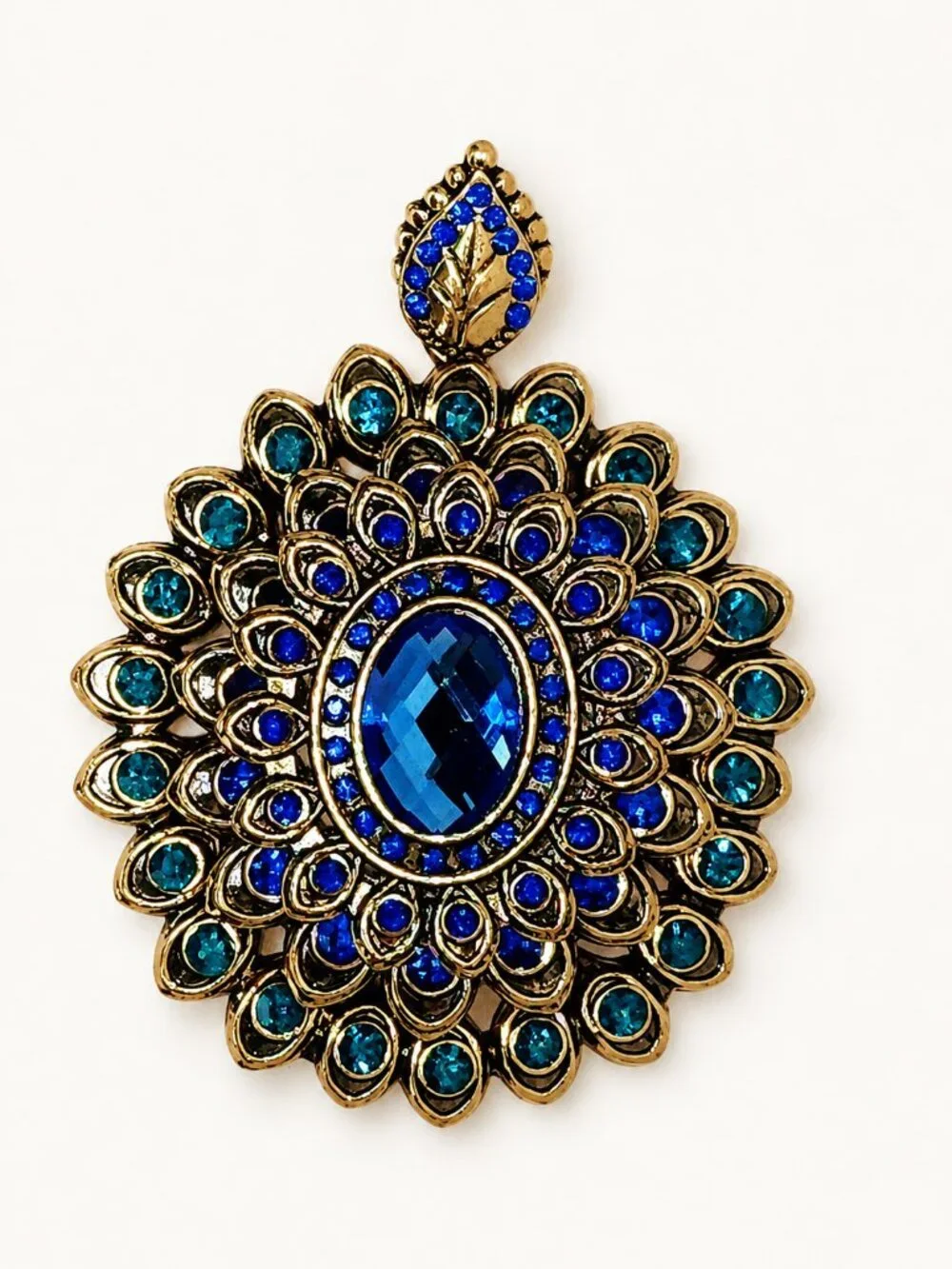Ornate Gold-Tone Blue & Teal Rhinestone Peacock Statement Brooch\Pendant